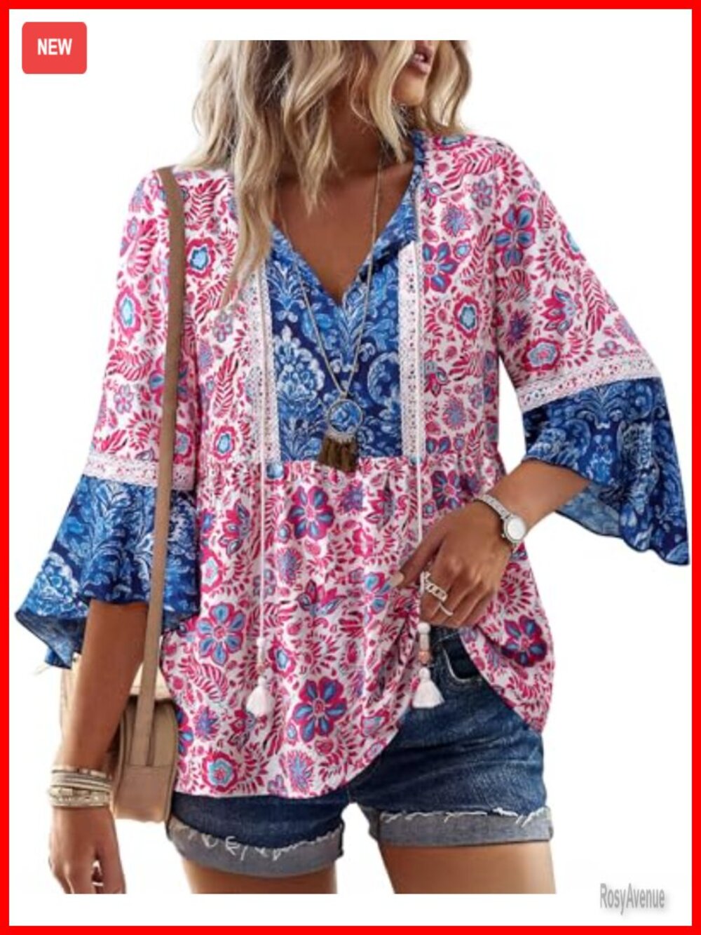 Womens Boho Lace V Neck 3/4 Sleeve Babydoll Tunic Peasant Blouse